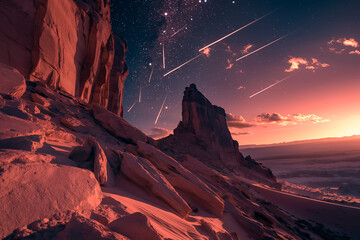 A meteor shower streaking across a dark sky, with long, bright trails of light illuminating the scene, fantasy landscape