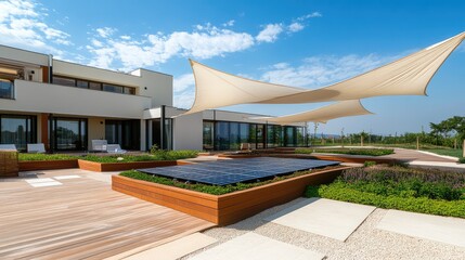 Fototapeta premium A wide-angle view of a high-tech roof with solar panels and modern materials, offering an innovative design with plenty of space for text.