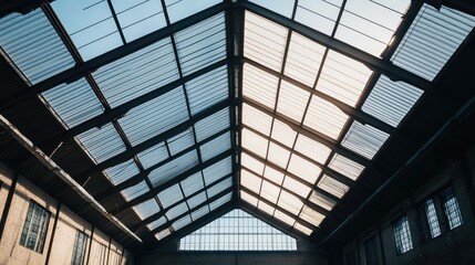 Fototapeta premium A wide-angle view of a loft-style roof with large open rafters and minimalistic design, under a clear blue sky with plenty of space for branding.