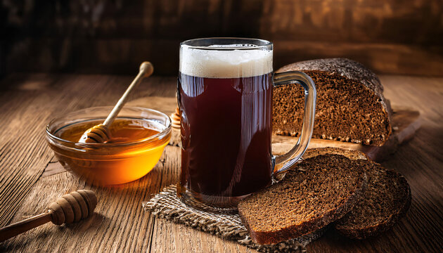 Russia &ndash; Kvass: A frothy, dark brown glass of kvass, a fermented bread drink, served in an old-fashioned mug on a rustic wooden table with rye bread and honey nearby