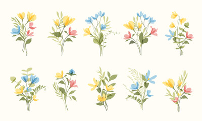 Set of soft dreamy romantic flowers, botanical illustrations, gentle bouquets. Nature colored wildflowers in flat style. Collection for wedding invitations, seasonal graphics, spring and summer design