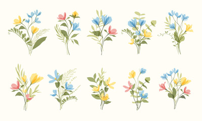 Set of soft dreamy romantic flowers, botanical illustrations, gentle bouquets. Nature colored wildflowers in flat style. Collection for wedding invitations, seasonal graphics, spring and summer design