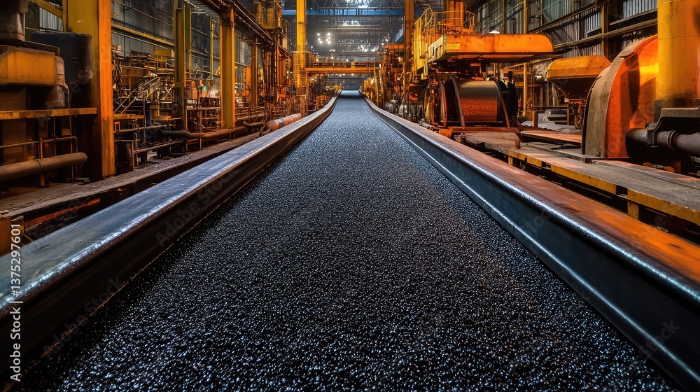 Poster a wide shot of a factory conveyor belt with a streamlined design, leaving plenty of clean space for 