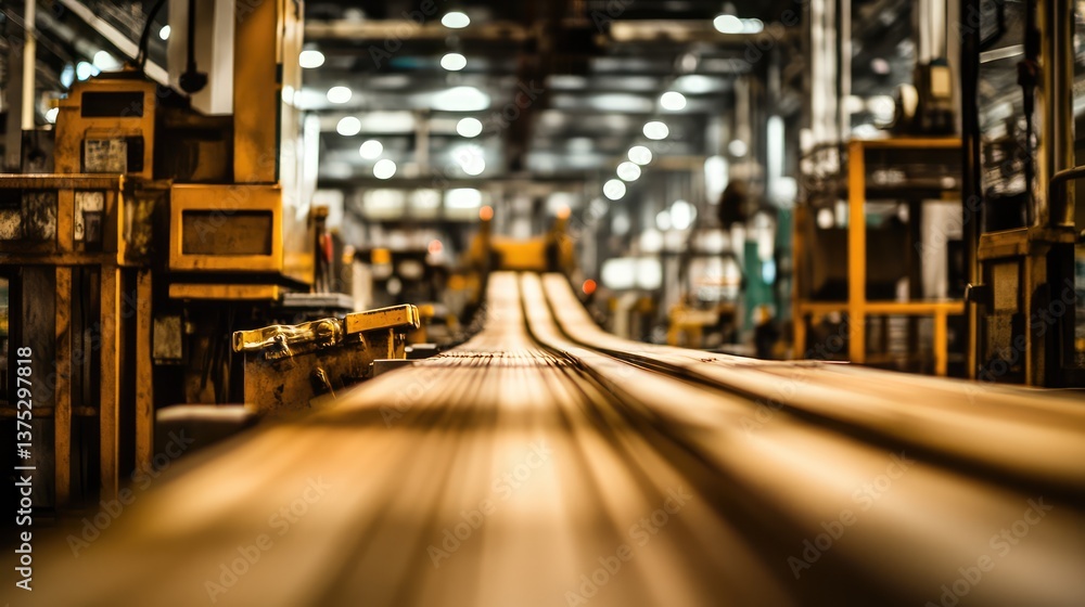 Poster a wide shot of a factory conveyor belt with a streamlined design, leaving plenty of clean space for 