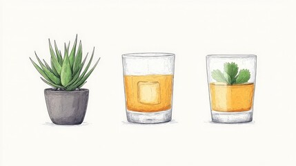 Succulent Plant and Two Drinks Illustration, Hand drawn illustration of a succulent and two cocktails.