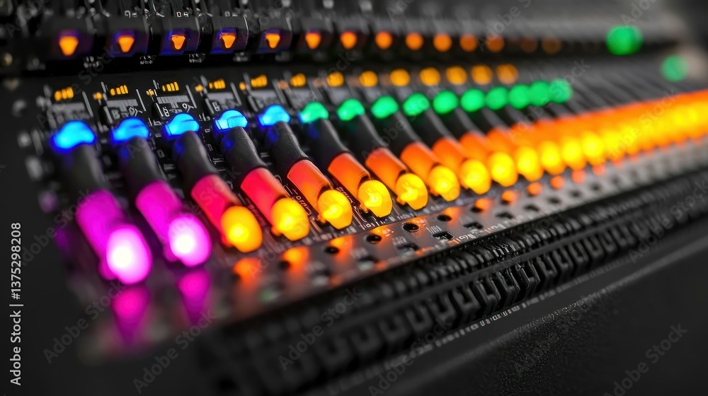 Poster vibrant sound mixer control panel: a close-up view of colorful led lights on an audio mixing console