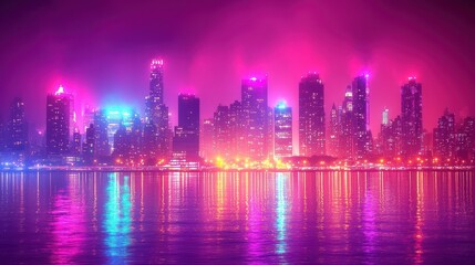 Fototapeta premium Neon Cityscape at Night: Vibrant Reflections on Calm Waters