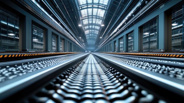 A wide view of a conveyor belt in a factory, moving items along a sleek metal path, leaving plenty of space for text or logos.
