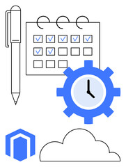 Pen next to a calendar with checkmarks, blue gear with a clock, and cloud icon. Ideal for productivity, scheduling, time management, teamwork, cloud computing, planning flat simple metaphor