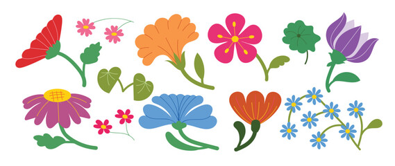 Collection of spring colorful flower elements vector. Set floral of wildflower, leaf branch, foliage on white background. Hand drawn blossom illustration for decor, easter, thanksgiving, clipart.
