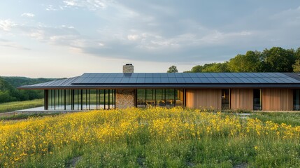 A wide view of a solar roof on a modern home, with neat panels arranged in rows, set against a bright, clear sky with space for text.