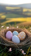 Obraz premium Happy Easter day with Colorful Easter eggs,Spring holiday,Happy easter eggs,festive clip art,Happy Easter greeting card, poster, banner template,april festive concept.