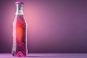 Vintage glass bottle of pink soda with bubbles against a soft purple background highlighting refreshing beverage theme