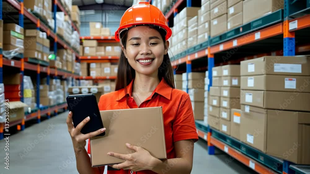 Poster busy warehouse worker greets the camera with a smile while holding a package and checking a smartpho