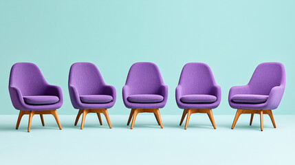 Obraz premium Five Purple Armchairs in a Row on a Light Blue Background Modern Furniture Design Aesthetic Display