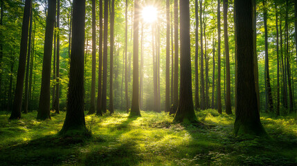 Fototapeta premium green forest with tall trees, dappled sunlight filtering through the leaves, creating a peaceful and serene atmosphere 