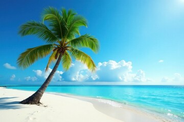 Obraz premium A lone coconut palm tree stands sentinel on a deserted tropical beach, with soft white sand and crystal clear waters in the distance , desaturated colors , palm tree, film photography