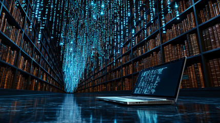 Laptop in a Library Under Cascading Digital Data  Illustrative Deep Learning Concept