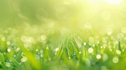 Fototapeta premium Fresh Green Grass with Dew Drops, Close up of vibrant green grass glistening with morning dew.