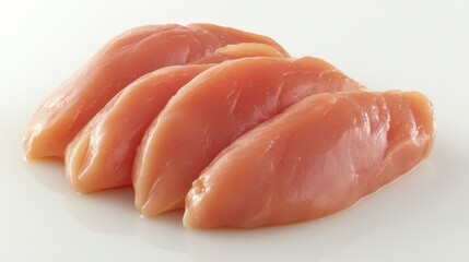 Freshly cut poultry pieces like chicken breasts, thighs, and wings on a clean white table with room for copy.