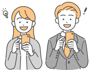 スマホを持って笑顔のスーツ姿の若い男女のイラスト
