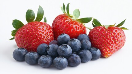 Obraz premium Freshly picked strawberries and blueberries on a white surface, with room above for text or logos.
