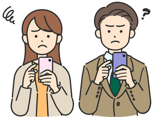 スマホを操作して不安そうなスーツの若い男女のイラスト