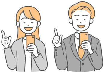 スマホを持って指差しをするスーツ姿の若い男女のイラスト