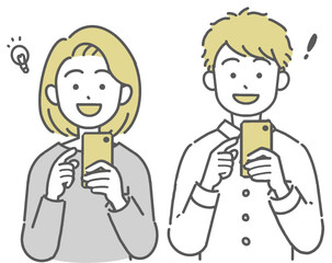 スマホを見て笑顔の若い男女のイラスト