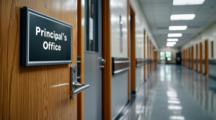 Principal's Office Door in School Hallway with Signage Designating the Room for School Leader