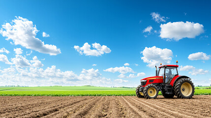 Obraz premium Red Tractor in Field Under Blue Sky with Clouds Agriculture Equipment for Farming and Cultivation