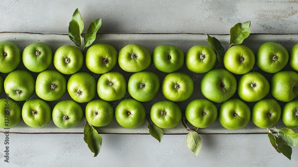 Poster fresh green apples arranged in a clean line with empty space above for copy or logos.