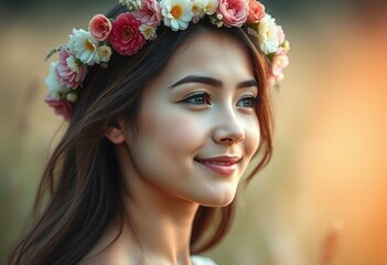 Young woman with floral crown in natural setting