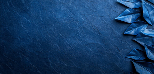 Elegant blue background with textured surface and folded paper leaves. This design creates calming and sophisticated atmosphere, perfect for various creative projects