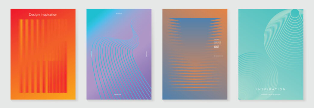 Abstract line wave poster background vector set. Minimalist cover template with vibrant perspective line wave in motion. Ideal design for social media, cover, banner, flyer, music, ads.