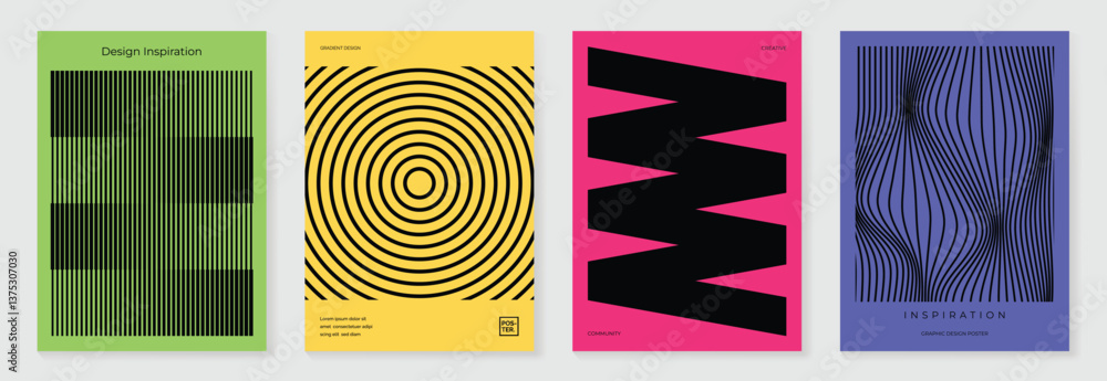 Poster abstract line wave poster background vector set. minimalist cover template with vibrant perspective 