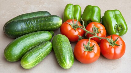 Fresh organic cucumbers, tomatoes, and green peppers arranged in a minimalist fashion, with space above for branding.