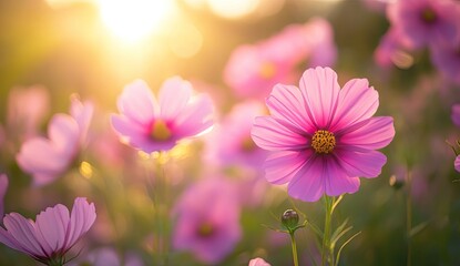 Pink cosmos flowers in sunlight