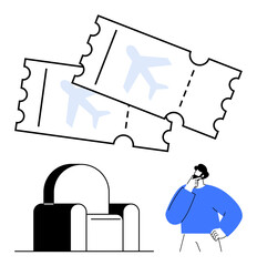 Airplane tickets placed above a vacant chair while a person ponders next travel step. Ideal for travel planning, decisions, reservations, leisure, exploration, future plans, flat simple metaphor