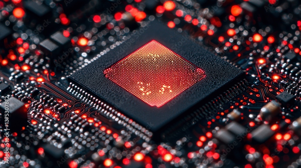Poster close-up of a glowing red cpu on a circuit board, showcasing intricate technological details.