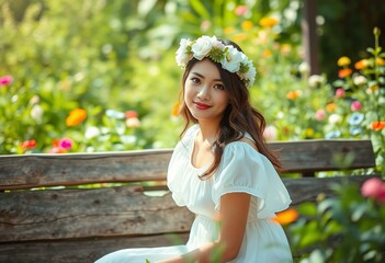 Obraz premium Serene garden portrait of a young woman with a floral crown