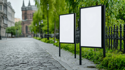 Urban Information Display Boards Along Cobblestone Street Near Historic Building Facade Design
