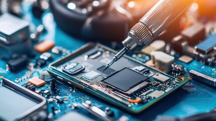 A mobile phone manufacturing plant, assembling smartphones with precision tools.