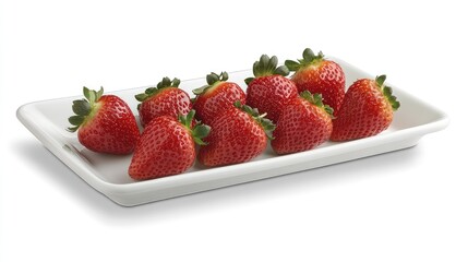 Fresh strawberries arranged on a white plate with room above for branding or marketing copy.
