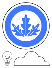 Obraz premium Blue oak leaves on circular background with lightbulb and cloud outline below. Ideal for innovation, environment, sustainability, creativity, growth, eco-friendly concepts, flat simple metaphor