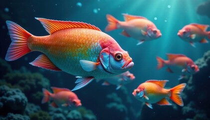 A school of rainbow-colored fish swimming together , vibrant, colorful, underwater