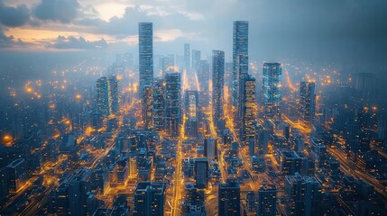 Illuminated Metropolis: A breathtaking aerial view of a futuristic city skyline at dawn, showcasing the vibrant energy and architectural marvel of modern urban life.