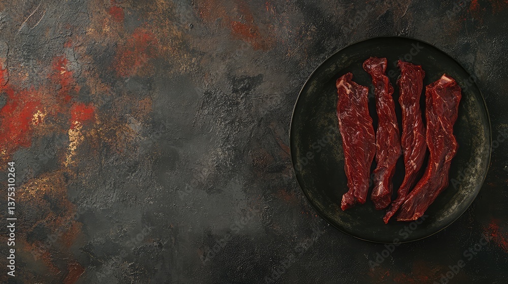 Poster raw beef strips arranged on a neutral background with space for branding or copy.