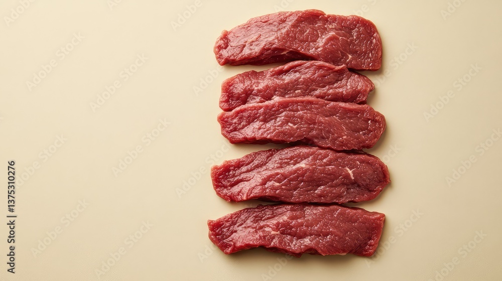 Poster raw beef strips arranged on a neutral background with space for branding or copy.