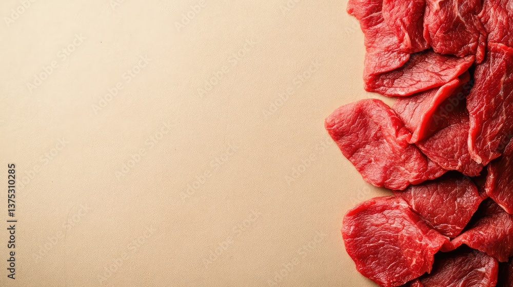Aufkleber raw beef strips arranged on a neutral background with space for branding or copy.